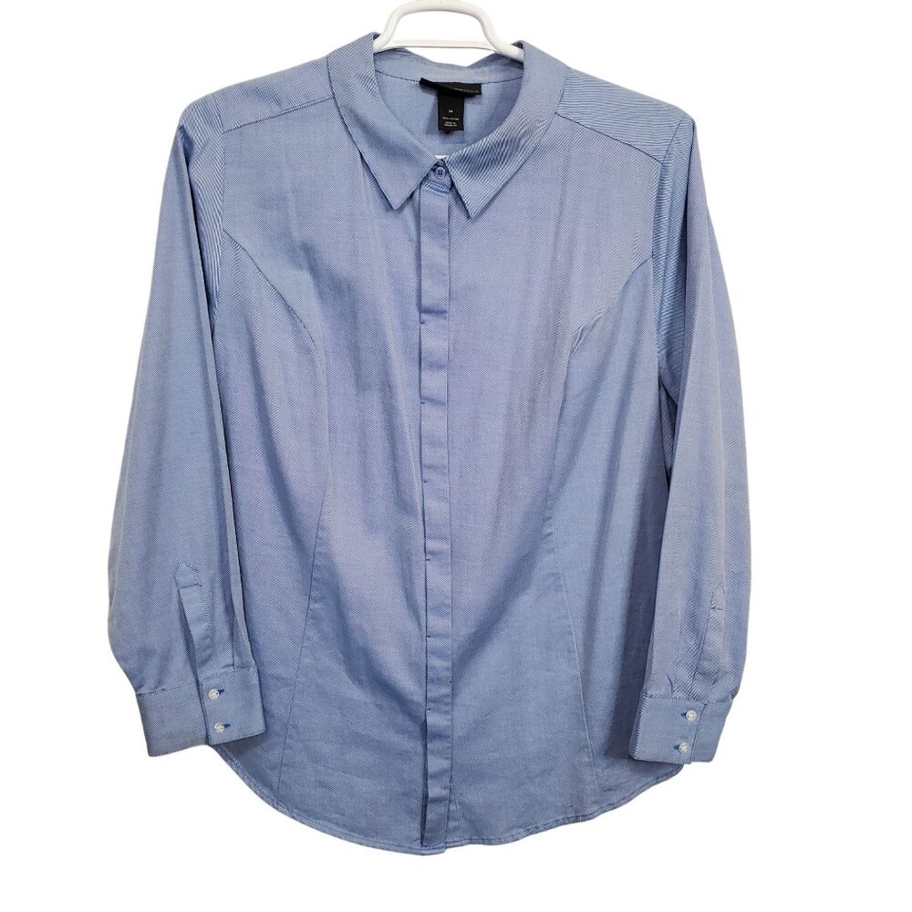 Lane Bryant Plus Size 24 Shirt Stripe Button Up Long Sleeve Collared Cotton Blue - Picture 2 of 10